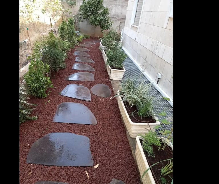 Narrow side yard with stepping stone pathway through red mulch, flanked by green potted plants and wooden planters along a white building wall